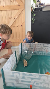 Bambini che giocano con il loro criceto nel box per criceti Omlet.