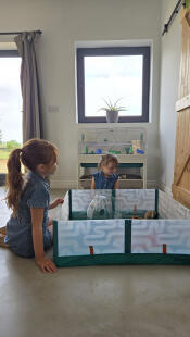 Due bambini che giocano con il loro criceto che si trova all'interno del box per criceti.