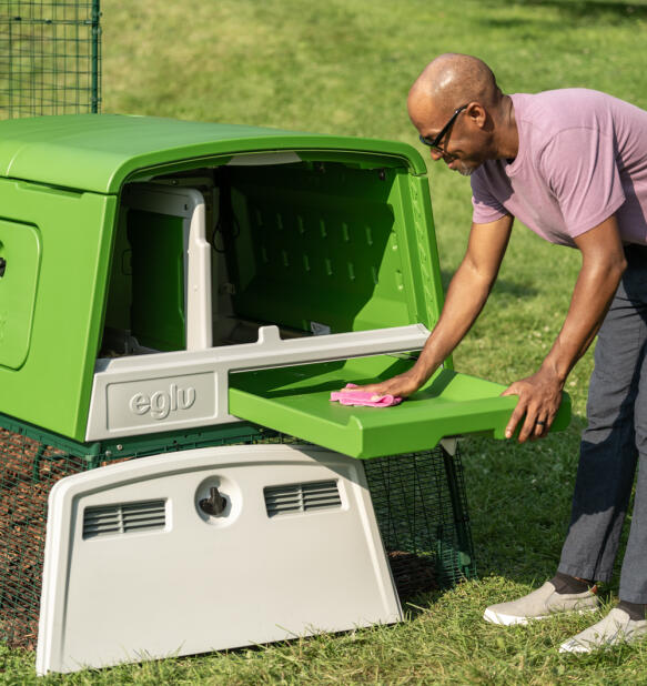 Un uomo che pulisce la vaschetta degli escrementi del pollaio Eglu Cube .