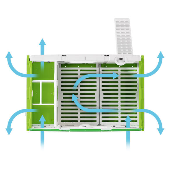 Diagramma che mostra il flusso d'aria e la ventilazione per il pollaio Eglu Pro isolato.